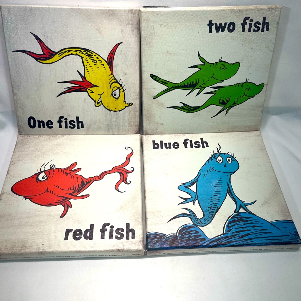 Seuss Prints by Dr Seuss Art Fish Canvas Set of 4 Red, Blue, Green, Yellow 8”x8”